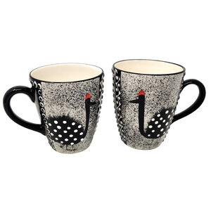 2x Sibongile Pottery Ostrich Mugs South Africa 3D Hand Painted 2011 Crane Bird